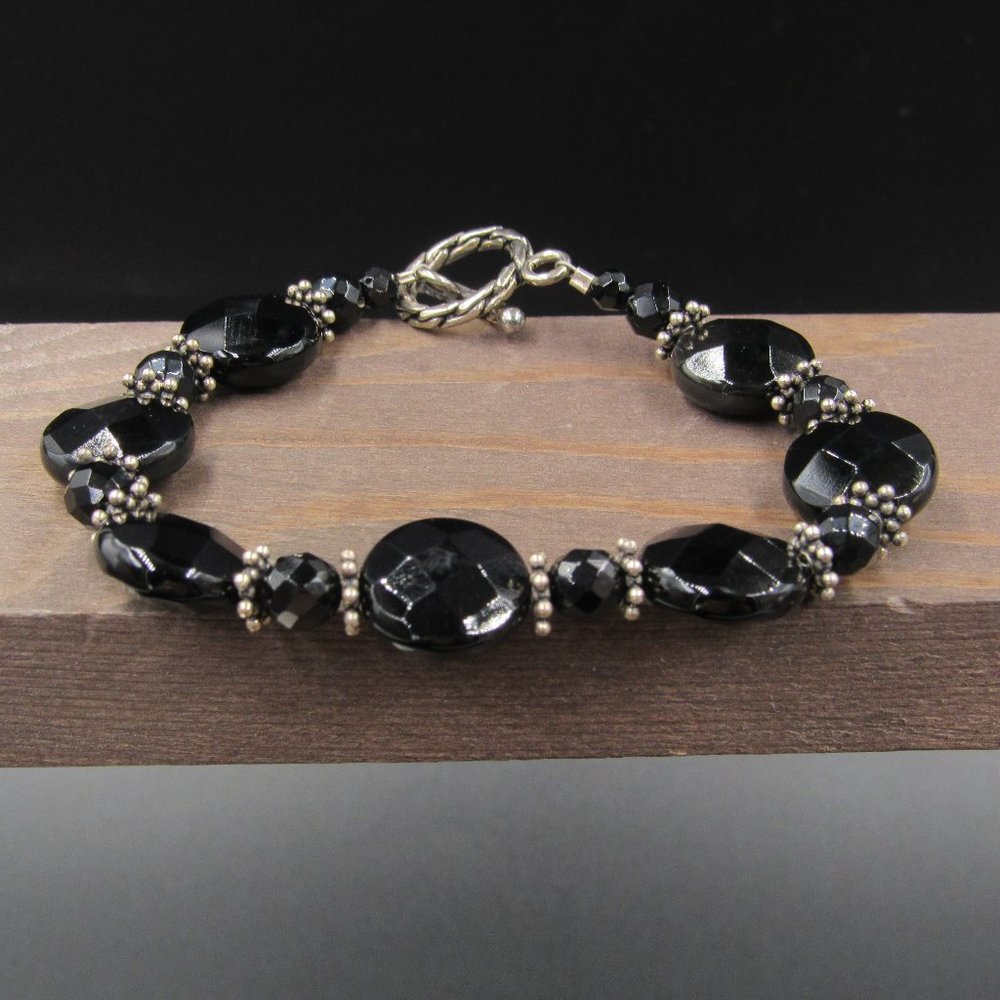 8" Sterling Silver Faceted Black Stone Bracelet Vintage